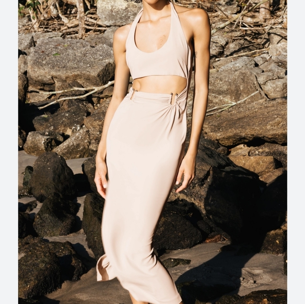 NWT Zara Cut Out Halter Neck Backless Bodycon Midi Dress, Pink Sand, XL